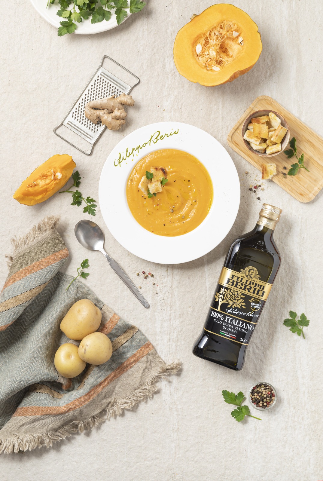 Filippo Berio 100% Italiano: l’Olio Extra Vergine d’Oliva ideale per dare corpo a tutti i tuoi piatti, anche quelli invernali come la vellutata di zucca e zenzero.